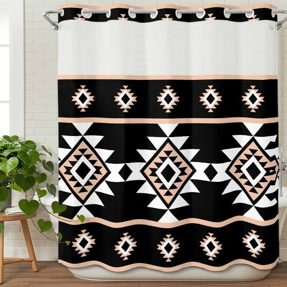 No Hook Shower Curtain Set with Snap in Liner, Abstract Boho Tribal Geometric Waterproof Bathroom Curtain with See Through Top Window, Retro Ethnic Aztec Pattern Double Shower Curtains for Bathtub
