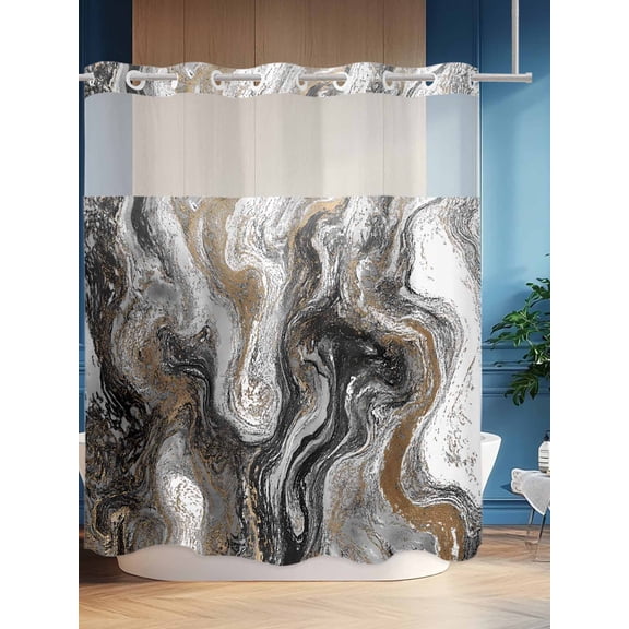 No Hook Shower Curtain Set with Snap in Liner, Abstract Brown Gray Marble Waterproof Bathroom Curtain with See Through Top Window, Modern Watercolor Liquid Double Shower Curtains for Bathtub
