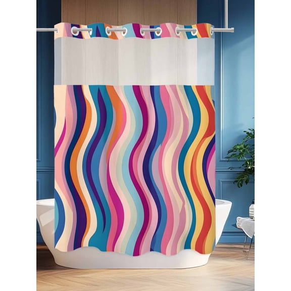 No Hook Shower Curtain Set with Snap in Liner, Abstract Gradient Colorful Wave Texture Waterproof Bathroom Curtain with See Through Top Window, Striped Background Double Shower Curtains for Bathtub