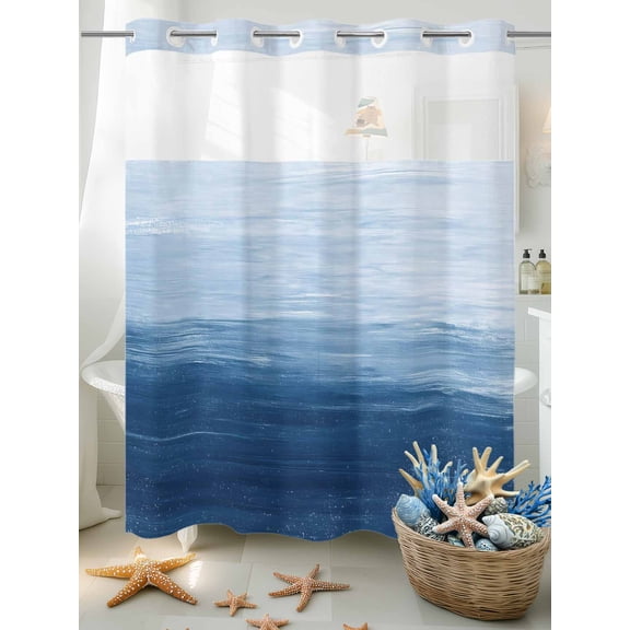 No Hook Shower Curtain Set with Snap in Liner, Abstract Gradient Line Arts Waterproof Bathroom Curtain with See Through Top Window, Sea Blue White Double Shower Curtains for Bathtub