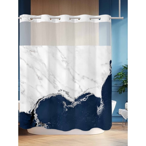 No Hook Shower Curtain Set with Snap in Liner, Abstract Marble Stone Texture Waterproof Bathroom Curtain with See Through Top Window, Classic Dark Blue White Double Shower Curtains for Bathtub