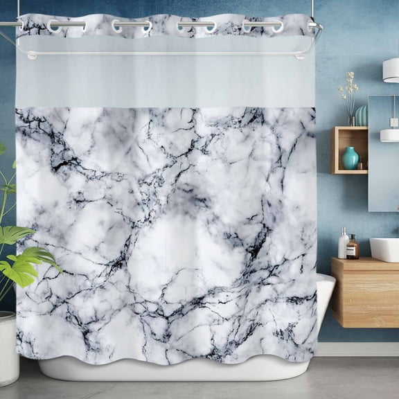 No Hook Shower Curtain Set with Snap in Liner, Abstract Marble Stone Texture Waterproof Bathroom Curtain with See Through Top Window, Natural Crack Gray Rock Double Shower Curtains for Bathtub