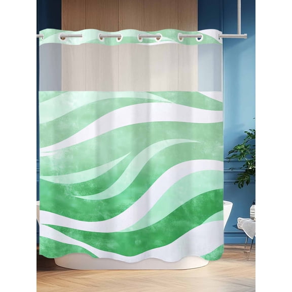 No Hook Shower Curtain Set with Snap in Liner, Abstract Modern Gradient Water Ripple Waterproof Bathroom Curtain with See Through Top Window, Green Theme Double Shower Curtains for Bathtub