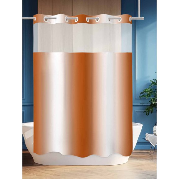 No Hook Shower Curtain Set with Snap in Liner, Abstract Orange White Gradient Waterproof Bathroom Curtain with See Through Top Window, Modern Minimalist Stripe Art Double Shower Curtains for Bathtub