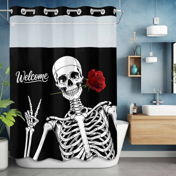 No Hook Shower Curtain Set with Snap in Liner, Abstract Skull Skeletons Rose Waterproof Bathroom Curtain with See Through Top Window, Human Bone Black White Double Shower Curtains for Bathtub