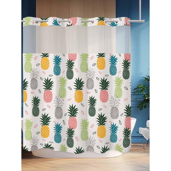 No Hook Shower Curtain Set with Snap in Liner, Abstract Summer Pineapple Waterproof Bathroom Curtain with See Through Top Window, Pink Blue Farm Fruit Double Shower Curtains for Bathtub