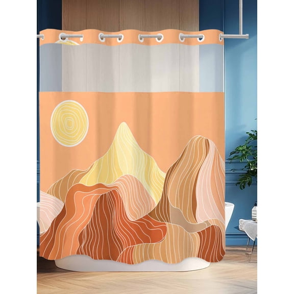 No Hook Shower Curtain Set with Snap in Liner, Abstract Sun Mountain Landscape Waterproof Bathroom Curtain with See Through Top Window, Orange Yellow Theme White Line Double Shower Curtains
