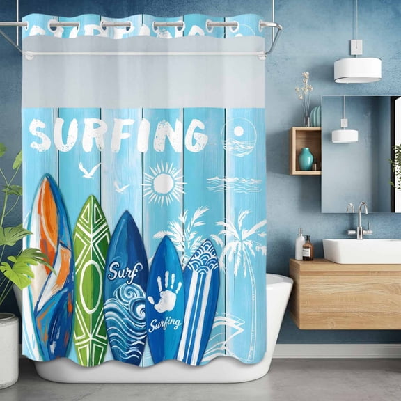 No Hook Shower Curtain Set with Snap in Liner, Abstract Surfboard Summer Surfing Palm Tree Waterproof Bathroom Curtain with See Through Top Window, Blue Wood Grain Double Shower Curtains for Bathtub
