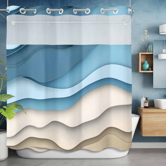 No Hook Shower Curtain Set with Snap in Liner, Abstract Water Ripple Ocean Art Waterproof Bathroom Curtain with See Through Top Window, Blue Khaki Gradient Stripe Double Shower Curtains for Bathtub