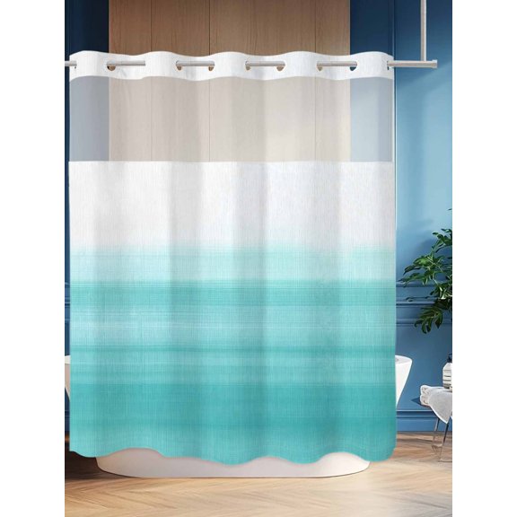 No Hook Shower Curtain Set with Snap in Liner, Aqua Gradient Watercolor Waterproof Bathroom Curtain with See Through Top Window, Minimalist Modern Art Double Shower Curtains for Bathtub