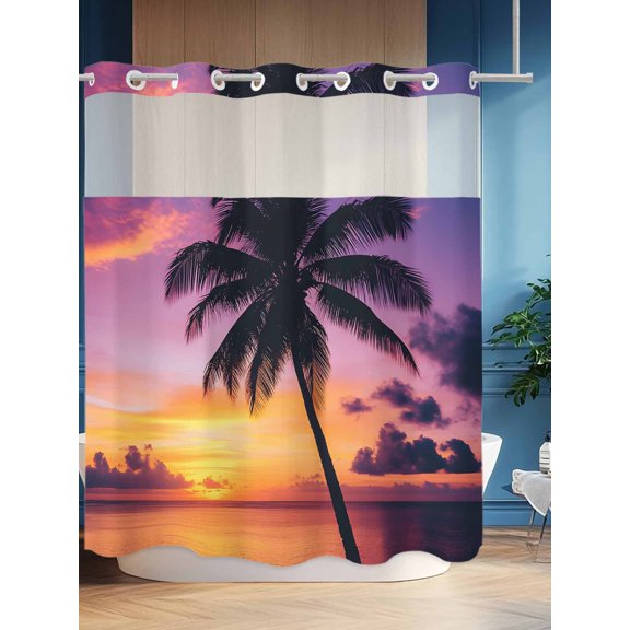 No Hook Shower Curtain Set with Snap in Liner, Beach Sunset Coconut Tree Waterproof Bathroom Curtain with See Through Top Window, Summer Ocean Scenery Double Shower Curtains for Bathtub