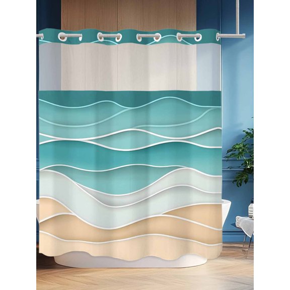 No Hook Shower Curtain Set with Snap in Liner, Blue Beige Water Ripple Waterproof Bathroom Curtain with See Through Top Window, Gradient Ocean Wave Abstract Stripe Double Shower Curtains for Bathtub