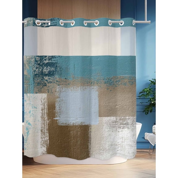 No Hook Shower Curtain Set with Snap in Liner, Blue Gradient Color Block Waterproof Bathroom Curtain with See Through Top Window, Retro Oil Painting Style Double Shower Curtains for Bathtub