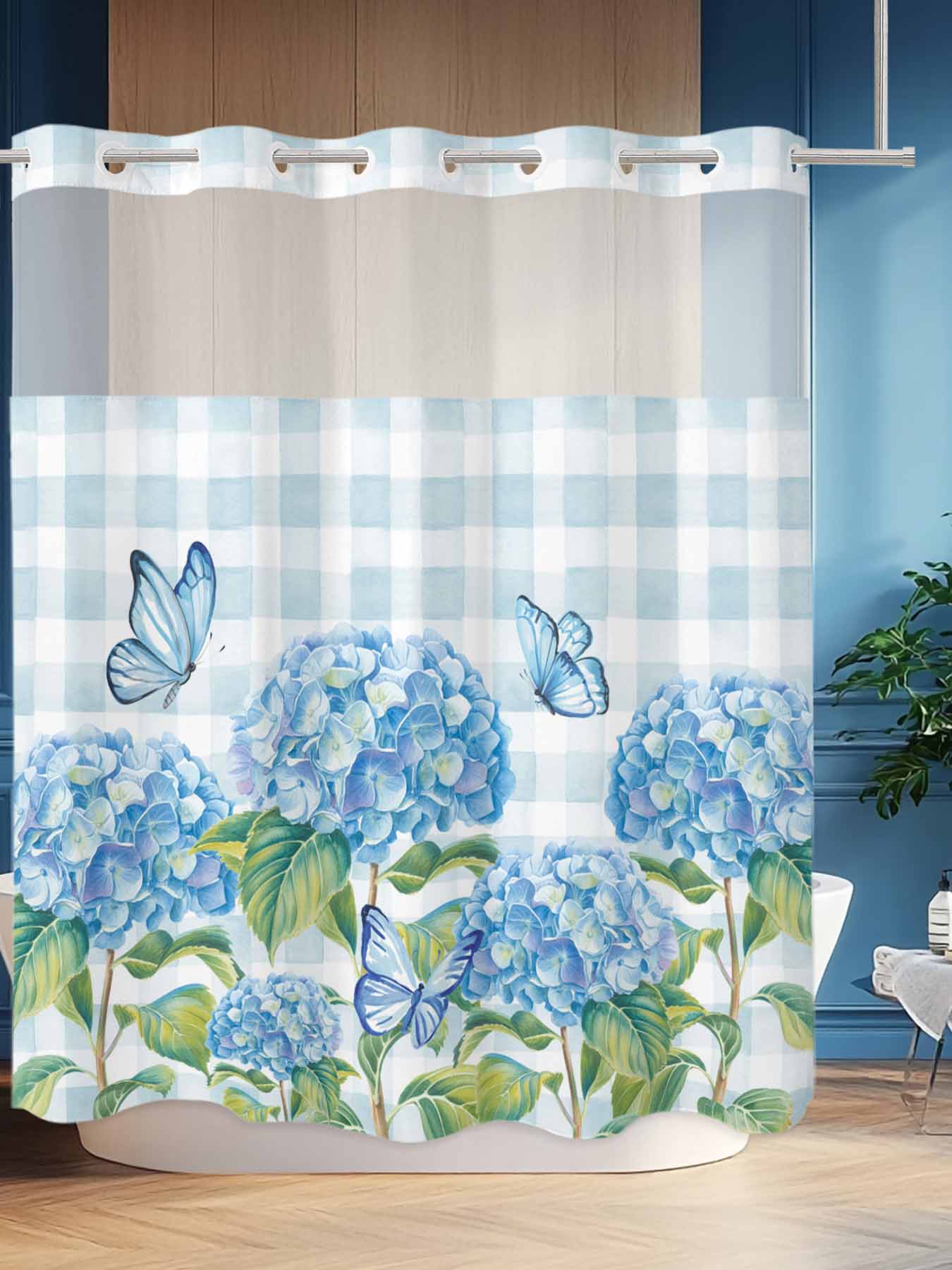 No Hook Shower Curtain Set with Snap in Liner, Blue Hydrangea Flower