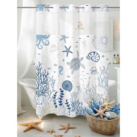 No Hook Shower Curtain Set with Snap in Liner, Blue Ocean Coral Sea Turtle Waterproof Bathroom Curtain with See Through Top Window, Marine Life Shell Conch Double Shower Curtains for Bathtub