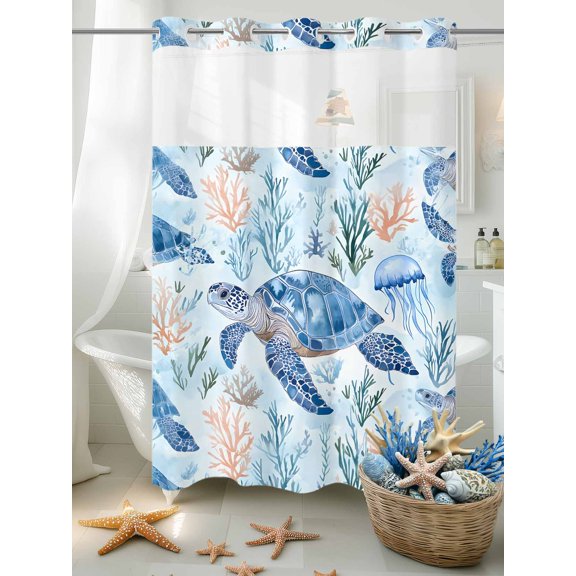 No Hook Shower Curtain Set with Snap in Liner, Blue Sea Turtle Coral Jellyfish Waterproof Bathroom Curtain with See Through Top Window, Summer Marine Life Double Shower Curtains for Bathtub