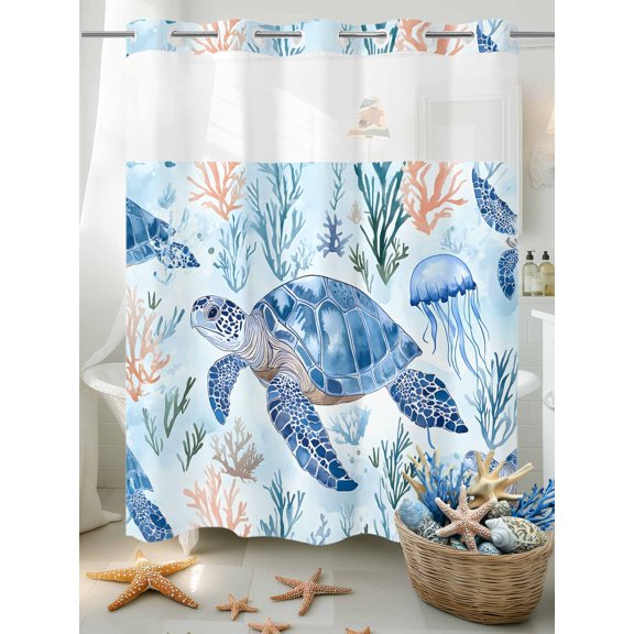 No Hook Shower Curtain Set with Snap in Liner, Blue Sea Turtle Coral Jellyfish Waterproof Bathroom Curtain with See Through Top Window, Summer Marine Life Double Shower Curtains for Bathtub