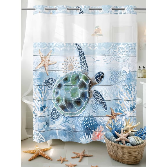 No Hook Shower Curtain Set with Snap in Liner, Blue Sea Turtle Starfish Blue Coral Waterproof Bathroom Curtain with See Through Top Window, Summer Coastal Nautical Theme Double Shower Curtains
