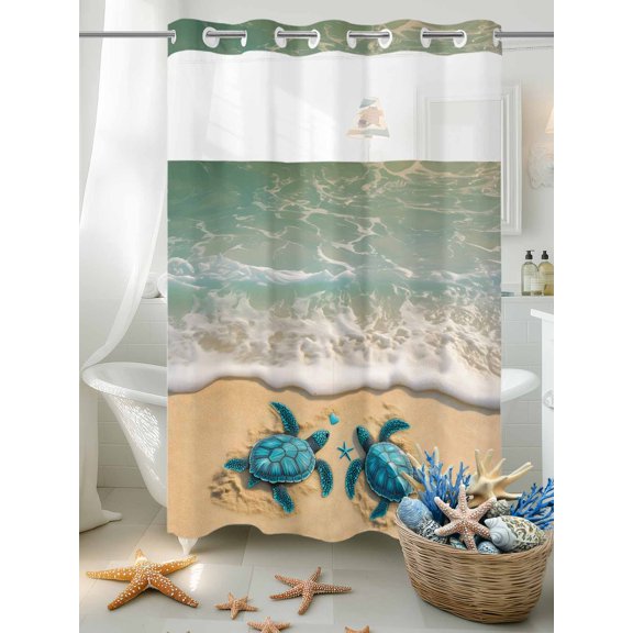 No Hook Shower Curtain Set with Snap in Liner, Blue Sea Turtle Summer Beach Waterproof Bathroom Curtain with See Through Top Window, Teal Green Ocean Waves Double Shower Curtains for Bathtub