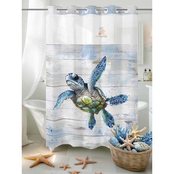No Hook Shower Curtain Set with Snap in Liner, Blue Sea Turtle on Vintage Wood Grain Waterproof Bathroom Curtain with See Through Top Window, Marine Life Double Shower Curtains for Bathtub