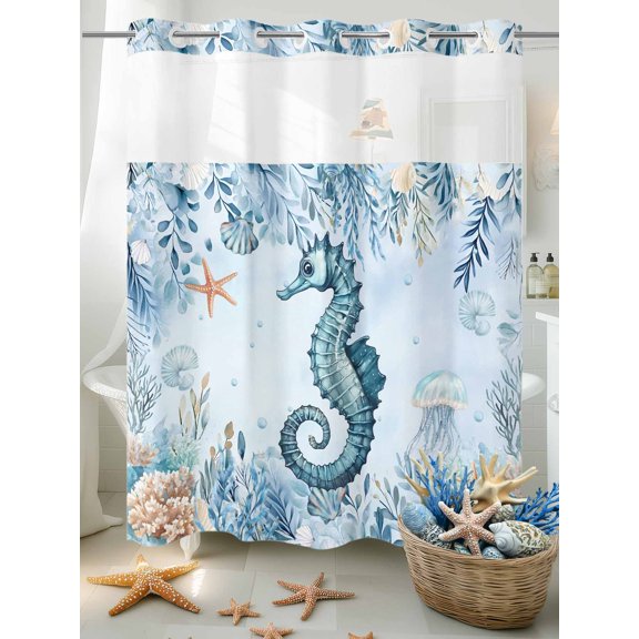 No Hook Shower Curtain Set with Snap in Liner, Blue Seahorse Sea Turtle Waterproof Bathroom Curtain with See Through Top Window, Ocean Seaweed Jellyfish Double Shower Curtains for Bathtub