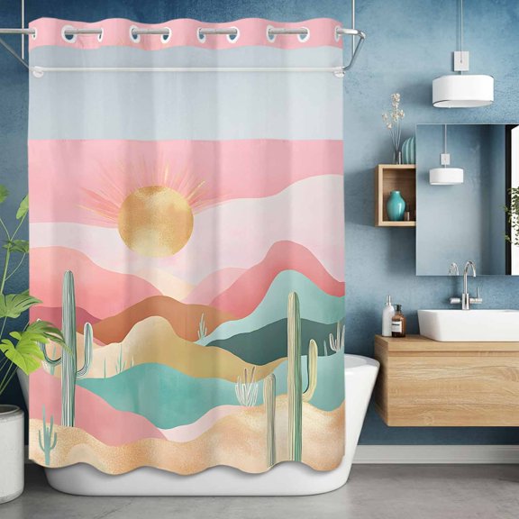 No Hook Shower Curtain Set with Snap in Liner, Cactus Ombre Colorful Mountain Waterproof Bathroom Curtain with See Through Top Window, Desert Golden Sunset Double Shower Curtains for Bathtub