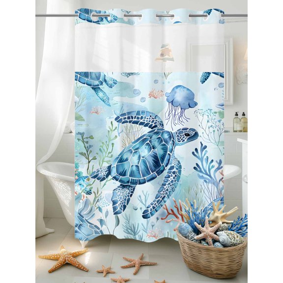 No Hook Shower Curtain Set with Snap in Liner, Cartoon Sea Turtle Blue Coral Jellyfish Waterproof Bathroom Curtain with See Through Top Window, Marine Life Ocean World Double Shower Curtains