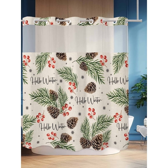 No Hook Shower Curtain Set with Snap in Liner, Christmas Berry Pine Cone Waterproof Bathroom Curtain with See Through Top Window, Winter Spruce Leaf Retro Linen Double Shower Curtains for Bathtub