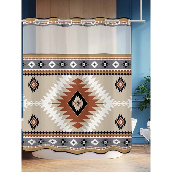 No Hook Shower Curtain Set with Snap in Liner, Classic Aztec Orange Pattern Waterproof Bathroom Curtain with See Through Top Window, Abstract Bohemian Art Double Shower Curtains for Bathtub