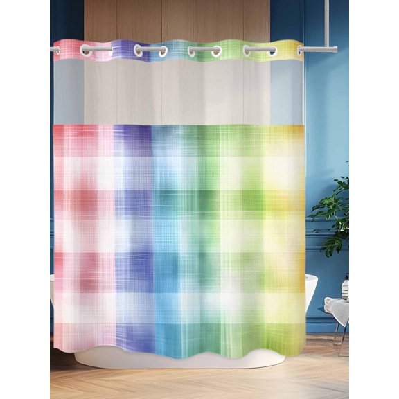 No Hook Shower Curtain Set with Snap in Liner, Classic Colorful Plaid Waterproof Bathroom Curtain with See Through Top Window, Abstract Geometric Pattern Double Shower Curtains for Bathtub