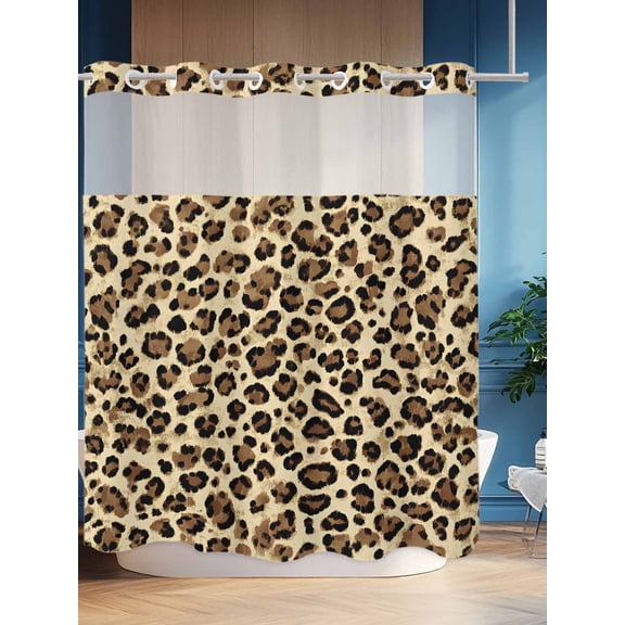 No Hook Shower Curtain Set with Snap in Liner, Classic Leopard Print Waterproof Bathroom Curtain with See Through Top Window, African Animal Skin Texture Double Shower Curtains for Bathtub