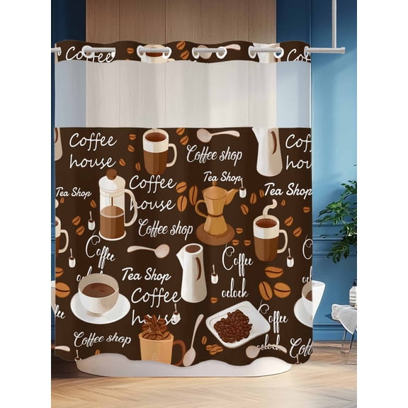 No Hook Shower Curtain Set with Snap in Liner, Coffee Bean Cafe Cup Seamless Waterproof Bathroom Curtain with See Through Top Window, Retro Brown Graffiti Style Double Shower Curtains for Bathtub