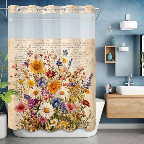 No Hook Shower Curtain Set with Snap in Liner, Daisy Summer Blossom Wildflower Waterproof Bathroom Curtain with See Through Top Window, Vintage Old Newspaper Double Shower Curtains for Bathtub