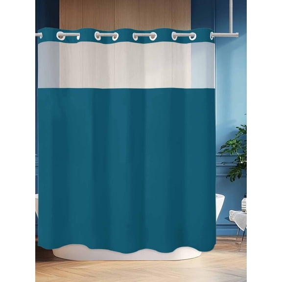 No Hook Shower Curtain Set with Snap in Liner, Dark Teal Waterproof Bathroom Curtain with See Through Top Window, Solid Green Color Double Shower Curtains for Bathtub