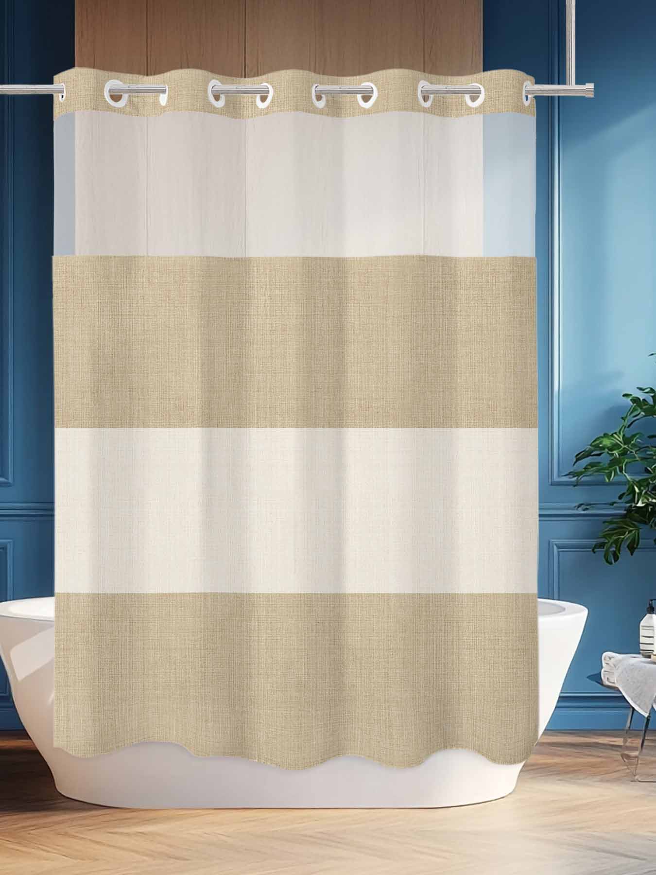 No Hook Shower Curtain Set with Snap in Liner, Farm Khaki Vintage Brown
