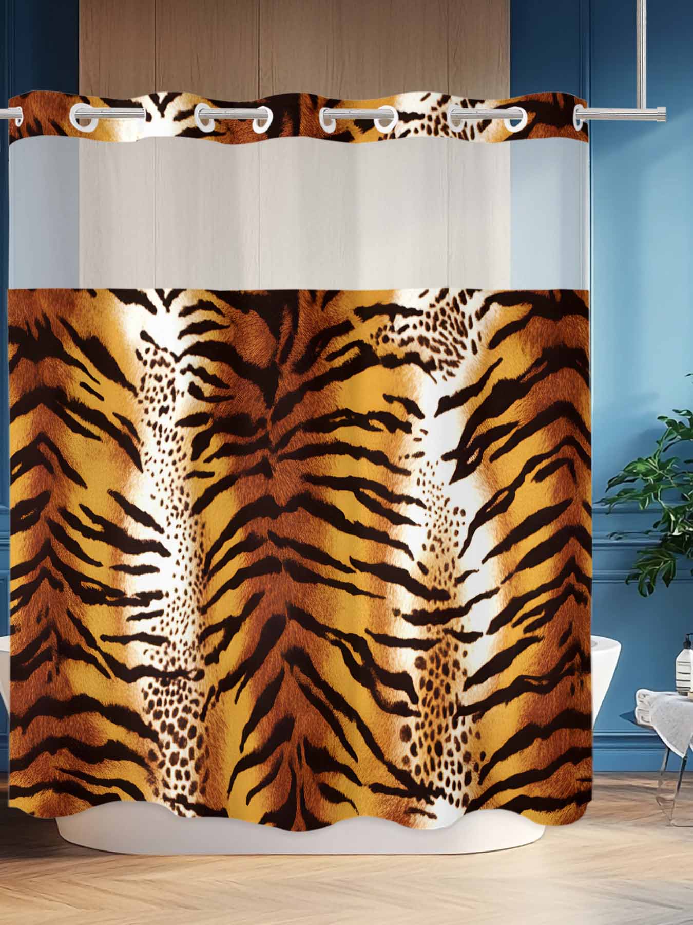 No Hook Shower Curtain Set with Snap in Liner, Farmhouse Leopard Style
