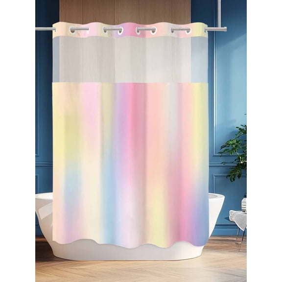 No Hook Shower Curtain Set with Snap in Liner, Gradient Rainbow Colored Waterproof Bathroom Curtain with See Through Top Window, Pink Blue Yellow Double Shower Curtains for Bathtub