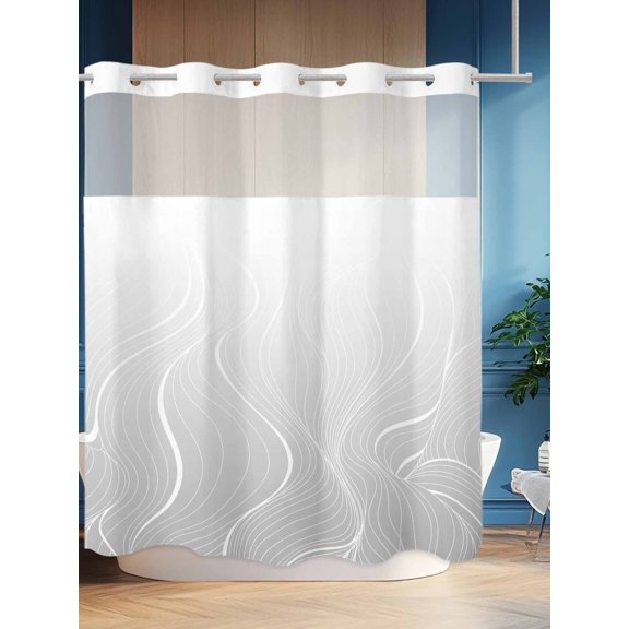 No Hook Shower Curtain Set with Snap in Liner, Gray Ripple White Geometric Stripes Waterproof Bathroom Curtain with See Through Top Window, Modern Abstract Line Art Double Shower Curtains