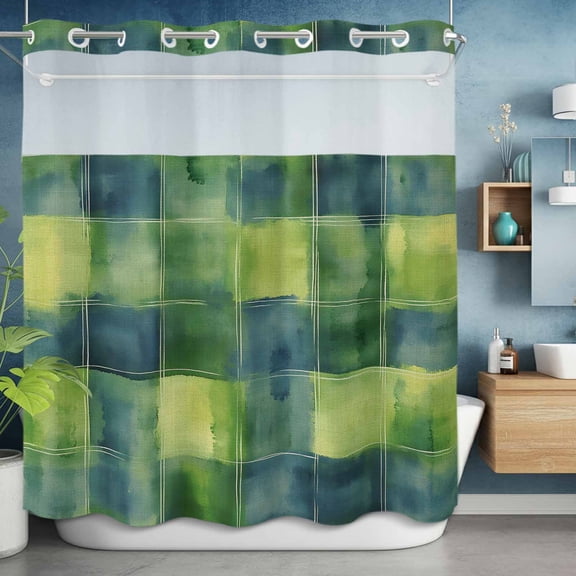 No Hook Shower Curtain Set with Snap in Liner, Green Gingham Plaid Spring St. Patrick's Day Waterproof Bathroom Curtain with See Through Top Window, Abstract Geometric Double Shower Curtains