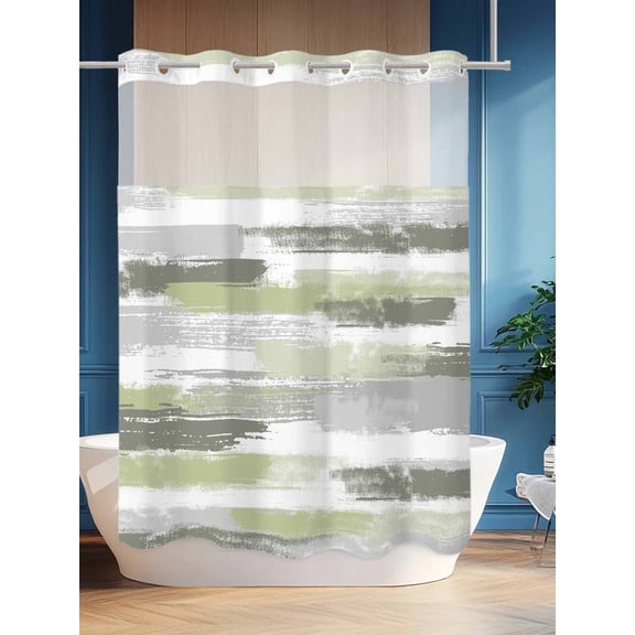 No Hook Shower Curtain Set with Snap in Liner, Green Grey Striped Waterproof Bathroom Curtain with See Through Top Window, Abstract Geometric Double Shower Curtains for Bathtub