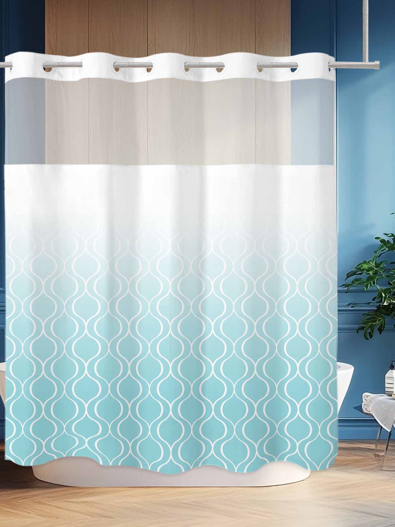 No Hook Shower Curtain Set with Snap in Liner, Light Blue Gradient Grid