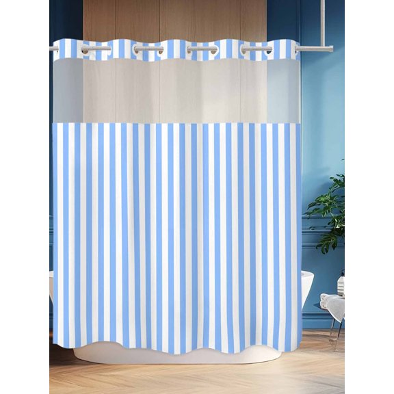 No Hook Shower Curtain Set with Snap in Liner, Light Blue Stripe Waterproof Bathroom Curtain with See Through Top Window, Modern Minimalist Style Double Shower Curtains for Bathtub