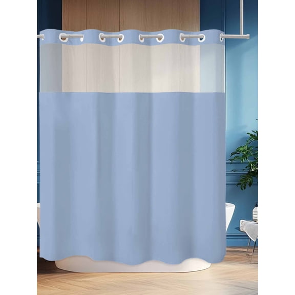 No Hook Shower Curtain Set with Snap in Liner, Light Blue Waterproof Bathroom Curtain with See Through Top Window, Solid Color Double Shower Curtains for Bathtub