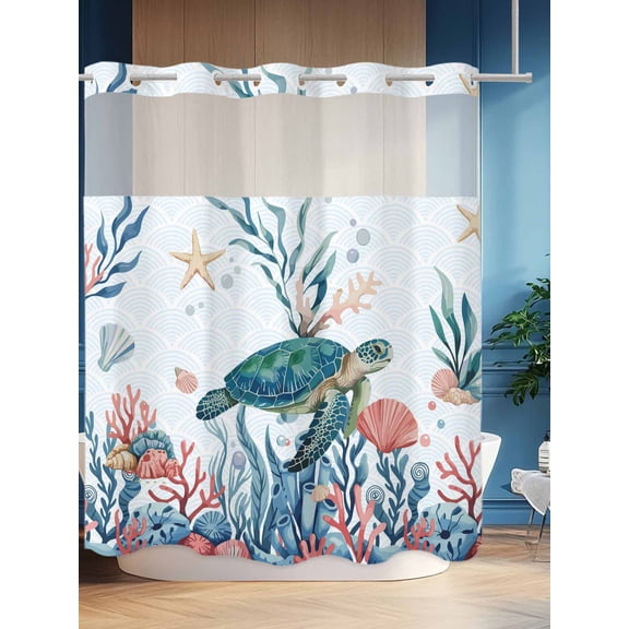 No Hook Shower Curtain Set with Snap in Liner, Marine Life Sea Turtles Waterproof Bathroom Curtain with See Through Top Window, Blue Pink Corals Double Shower Curtains for Bathtub