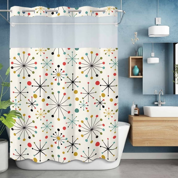 No Hook Shower Curtain Set with Snap in Liner, Mid Century Abstract Geometric Waterproof Bathroom Curtain with See Through Top Window, Modern Colorful Atomic Double Shower Curtains for Bathtub