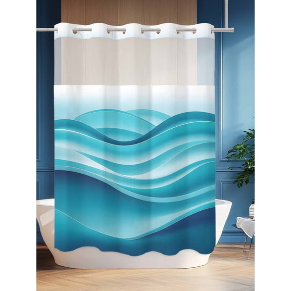 No Hook Shower Curtain Set with Snap in Liner, Modern Abstract Ocean Waves Fluid Art Waterproof Bathroom Curtain with See Through Top Window, Gradient Turquoise Blue Double Shower Curtains