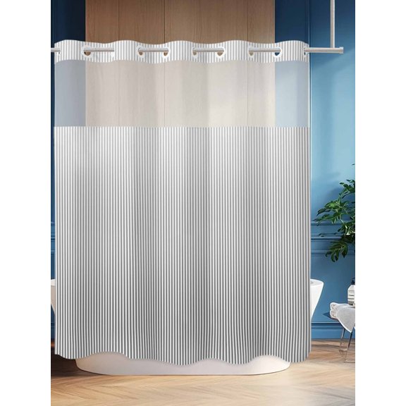 No Hook Shower Curtain Set with Snap in Liner, Modern Grey Stripe Waterproof Bathroom Curtain with See Through Top Window, Modern Minimalist Striped Line Double Shower Curtains for Bathtub