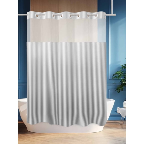 No Hook Shower Curtain Set with Snap in Liner, Modern Grey Stripe Waterproof Bathroom Curtain with See Through Top Window, Modern Minimalist Striped Line Double Shower Curtains for Bathtub