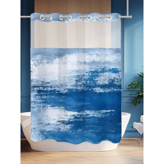 No Hook Shower Curtain Set with Snap in Liner, Modern Omber Blue Art Oil Panting Waterproof Bathroom Curtain with See Through Top Window, Summer Cerulean Sky Double Shower Curtains for Bathtub