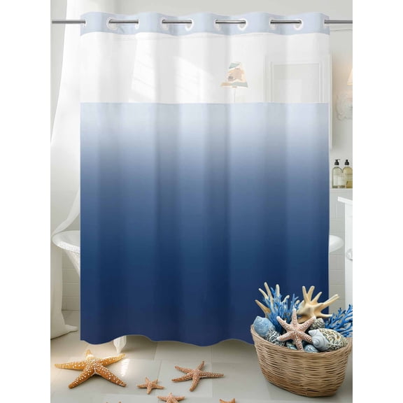 No Hook Shower Curtain Set with Snap in Liner, Navy Blue Gradient Ombre Waterproof Bathroom Curtain with See Through Top Window, Minimalist Art Double Shower Curtains for Bathtub